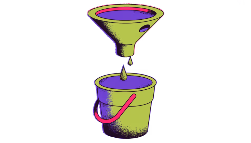 Ilustração de um funil com um furo vazando gotas sobre um balde