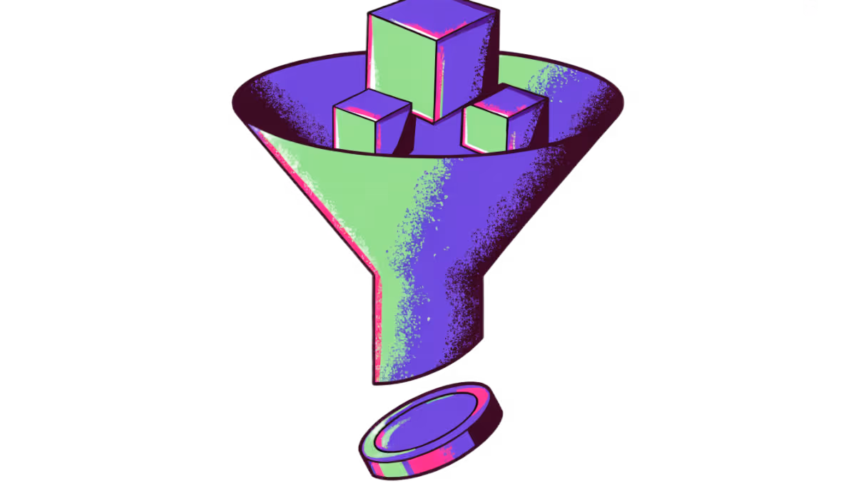 Ilustração de um funil com blocos entrando por cima e uma moeda saindo por baixo
