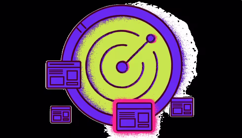 Ilustração de um radar varrendo páginas de site e destacando as que precisam de atenção