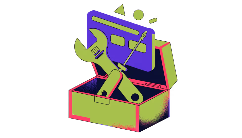 Ilustração de uma caixa de ferramentas montando a janela de um site, com a identidade visual sendo construída junto do site