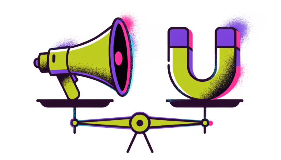 Ilustração de um megafone e um ímã sobre uma balança