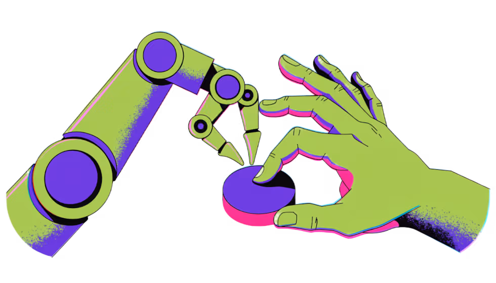 Ilustração de um braço robótico trabalhando ao lado de uma mão humana que aperta um botão