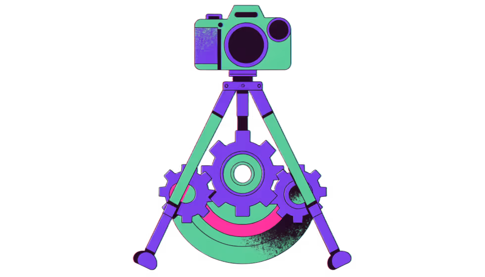Ilustração de uma câmera fotografando uma máquina industrial