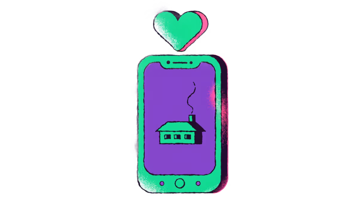 Ilustração de um celular com uma fábrica na tela e um coração de curtida flutuando