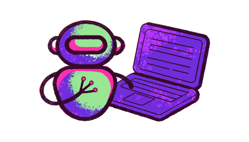 Ilustração de um robô simpático de atendimento ao lado de um notebook com um documento