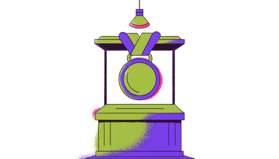 Ilustração de uma medalha brilhando exposta num pedestal de vitrine