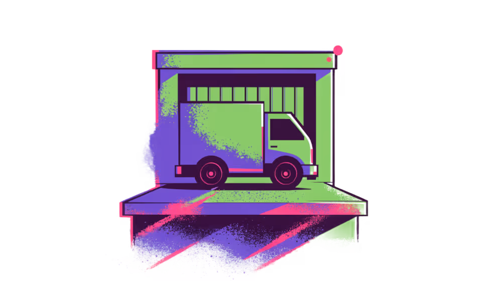 Ilustração de um caminhão pequeno chegando numa doca no momento exato