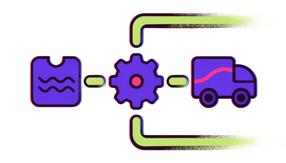 Ilustração de uma linha do tempo horizontal com pedido, engrenagem e caminhão
