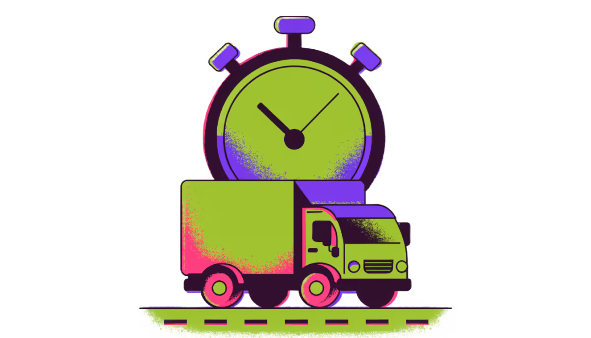 Ilustração de um cronômetro sobre um caminhão de entrega na estrada