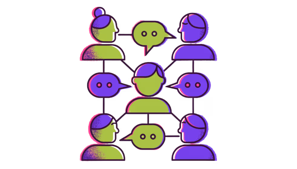 Ilustração de uma rede de pessoas conectadas com balões de conversa