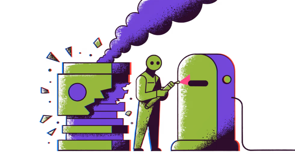 Ilustração de uma máquina quebrada soltando fumaça ao lado de um técnico inspecionando uma máquina saudável