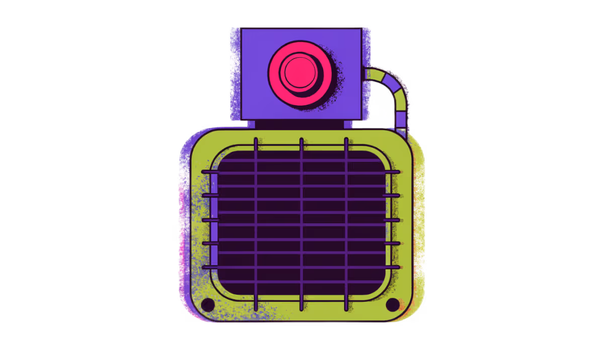 Ilustração de uma máquina industrial com grade de proteção e botão de emergência