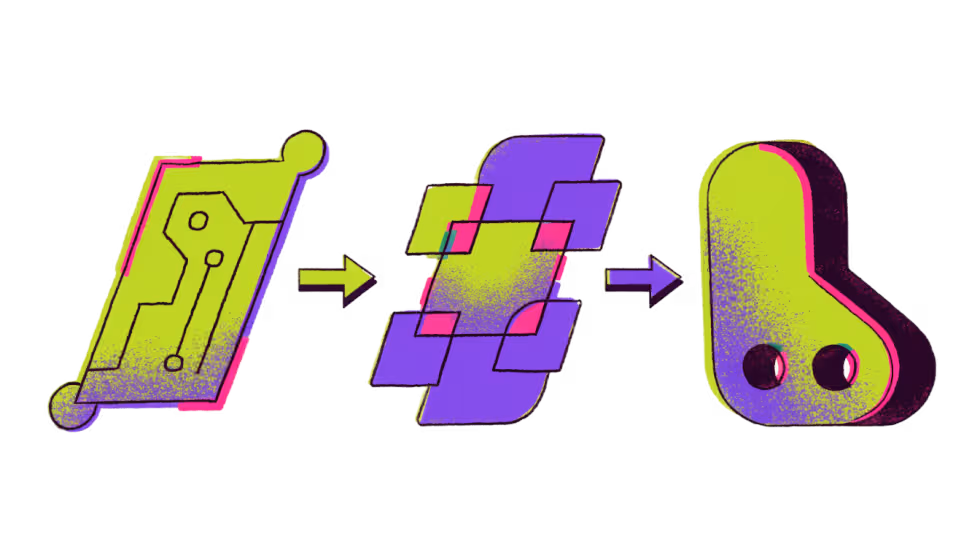 Ilustração do fluxo desenho, programa e peça em três etapas conectadas