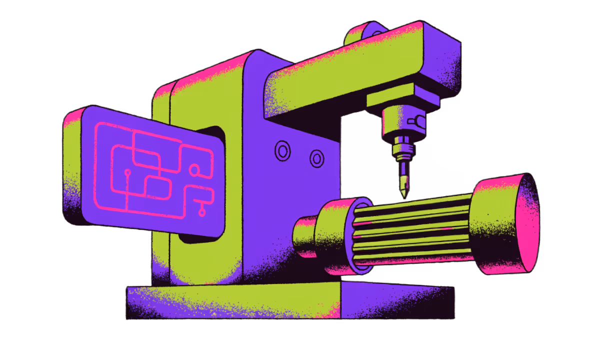 Ilustração de uma máquina CNC com um programa entrando e uma peça precisa saindo