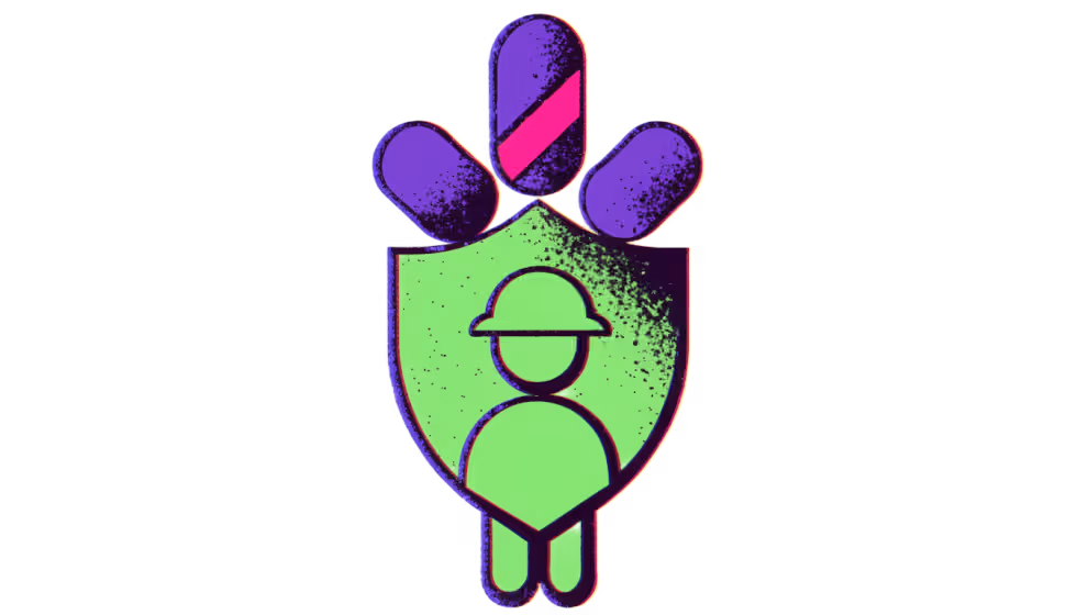 Ilustração de um escudo protegendo o ícone de um trabalhador de objetos caindo