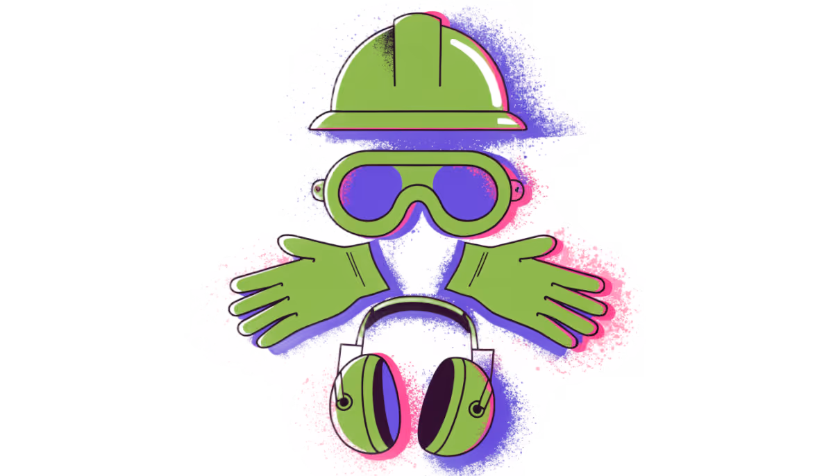Ilustração de capacete, óculos de proteção, luvas e protetores auriculares organizados