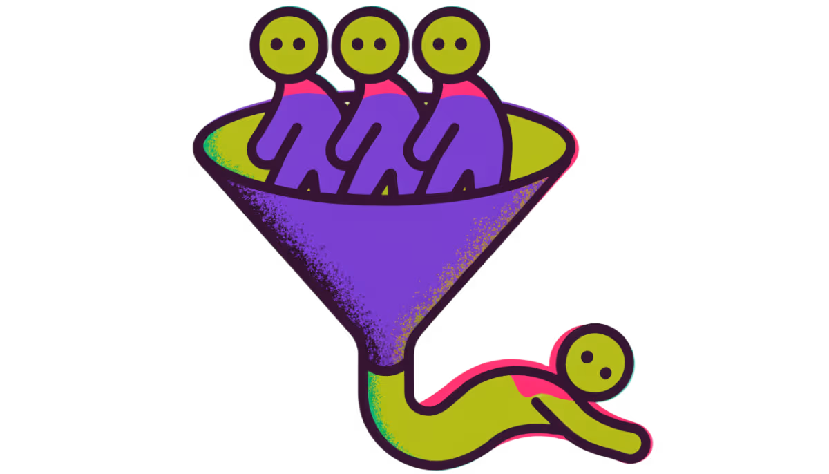 Ilustração de ícones de pessoas entrando num funil com uma pessoa iluminada saindo