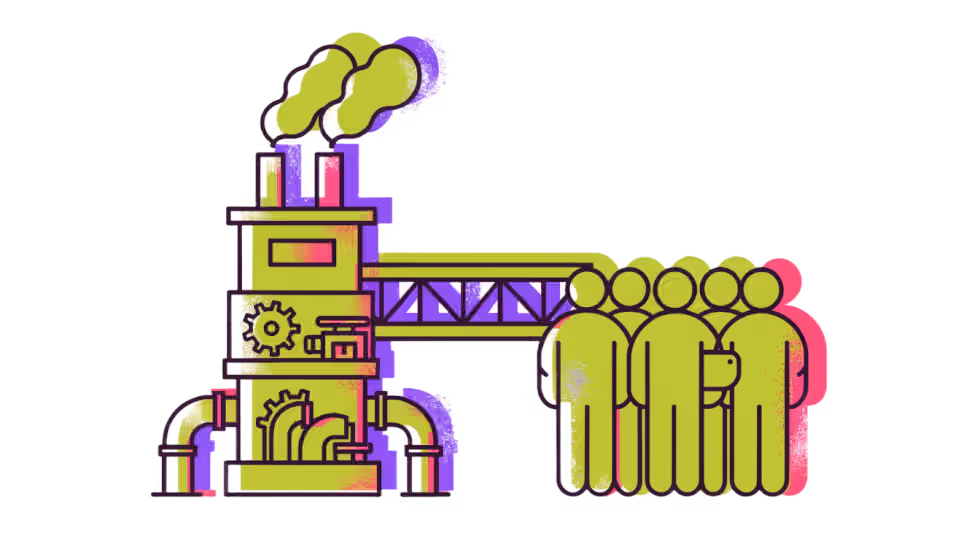 Ilustração de uma ponte conectando uma fábrica a um grupo de pessoas