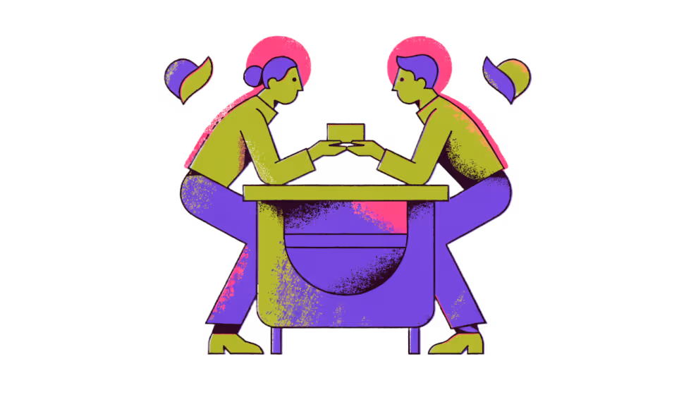 Ilustração de duas pessoas trocando cartões em um estande de feira