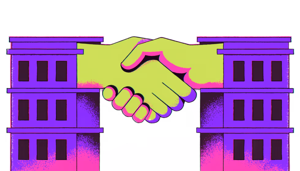 Ilustração de um aperto de mãos formando uma ponte entre dois prédios