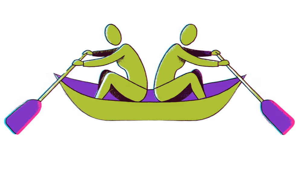 Ilustração de duas pessoas remando o mesmo barco em sincronia