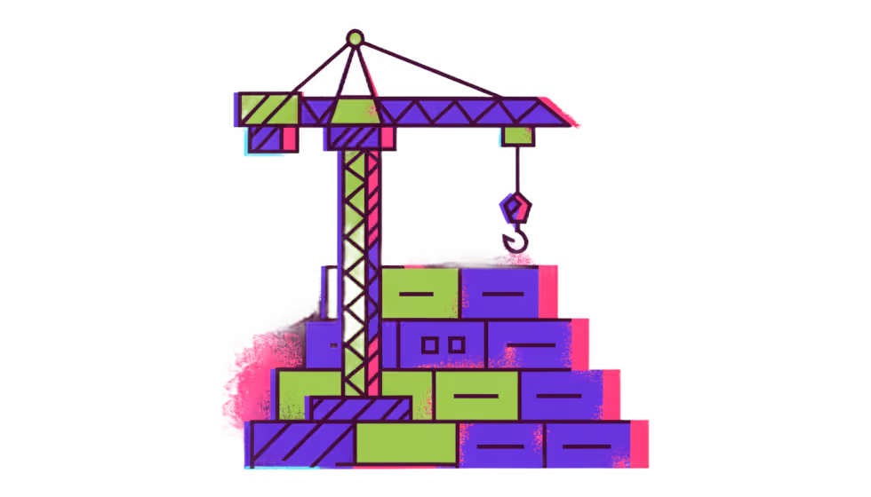 Ilustração de um guindaste montando as páginas de um site com blocos