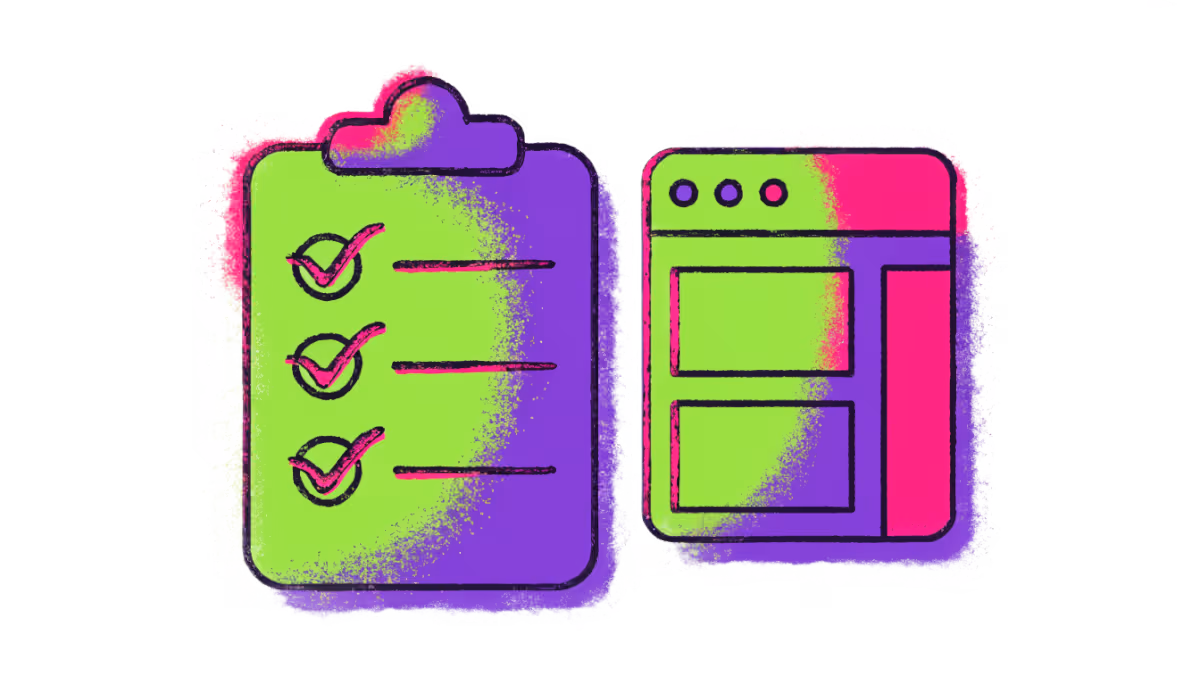 Ilustração de um checklist ao lado de uma janela de site, representando as páginas que a empresa precisa escrever