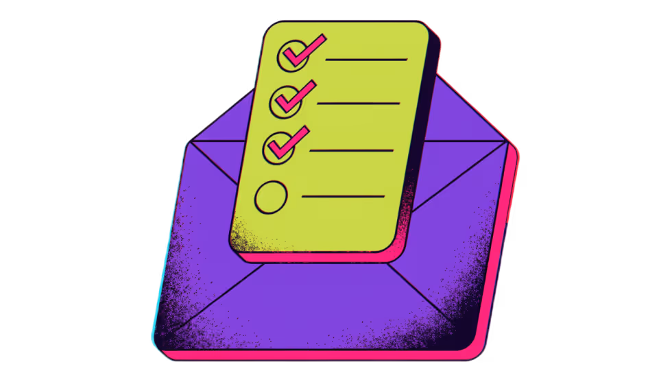 Ilustração de uma lista de verificação sobre um envelope de correspondência