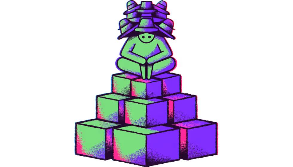 Ilustração de uma pirâmide de caixas com uma pessoa de muitos chapéus no topo