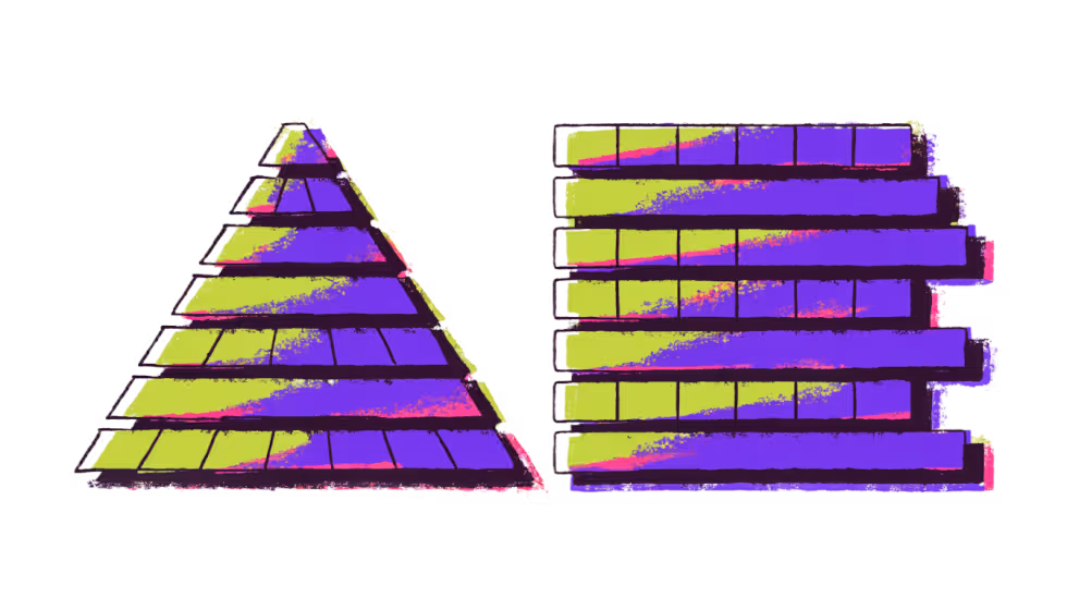 Ilustração de dois formatos de organograma lado a lado, pirâmide alta e linhas achatadas