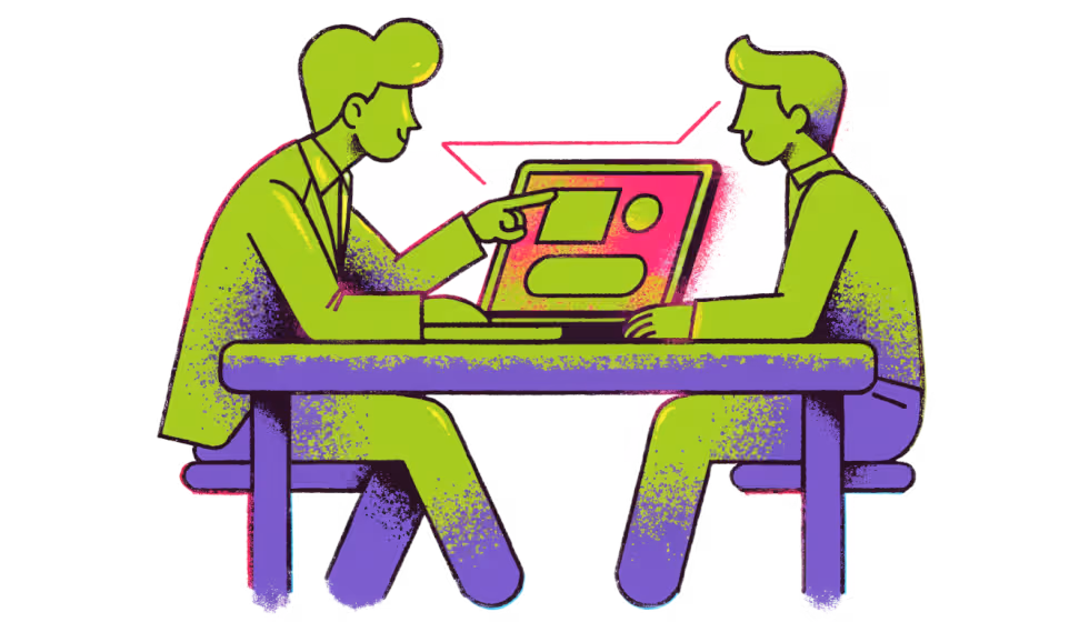 Ilustração de um vendedor mostrando a tela de um site para um comprador na mesa de reunião