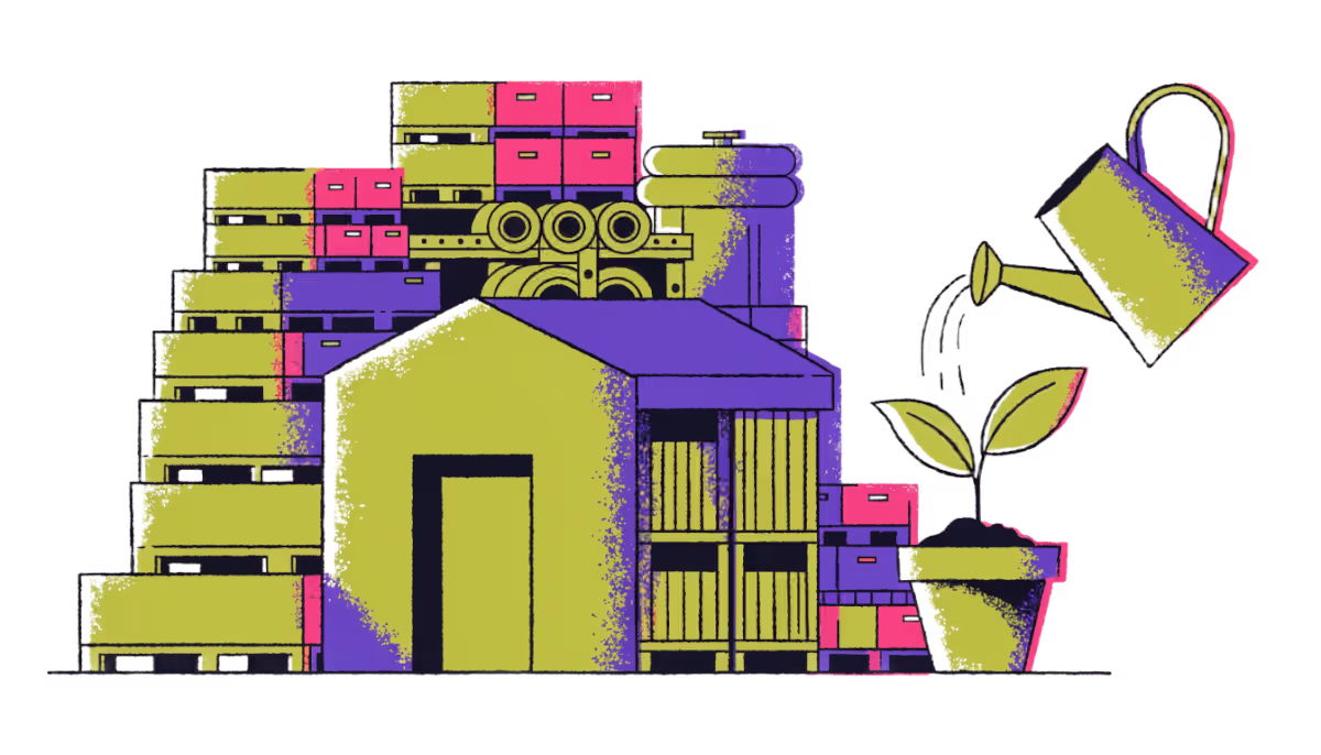 Ilustração de um galpão de fábrica cheio de pallets ao lado de uma muda sendo plantada num vaso
