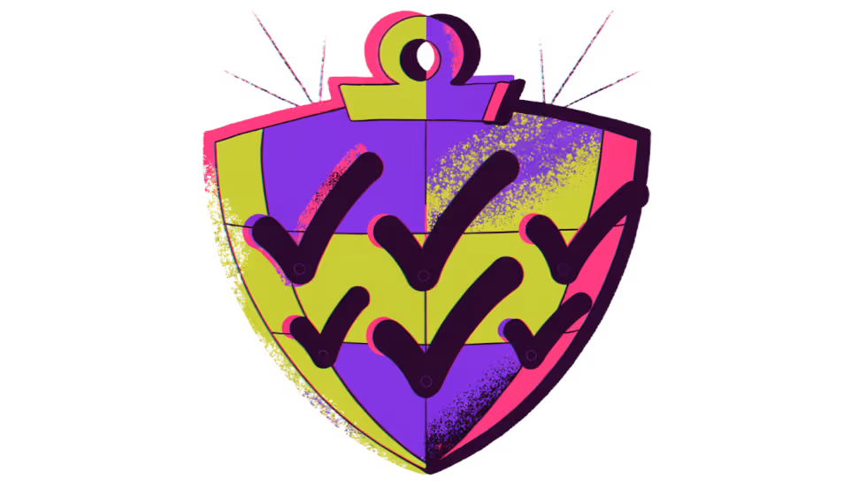Ilustração de uma prancheta com sete itens marcados, erguida como um escudo