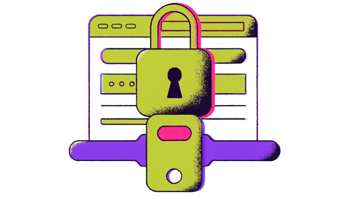 Ilustração de uma janela de site com cadeado aberto e crachá de acesso, representando o portal do cliente