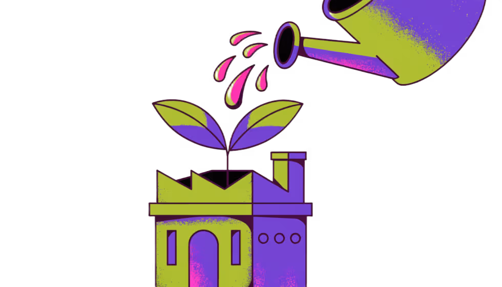Ilustração de um regador molhando uma planta que cresce de um vaso em forma de fábrica