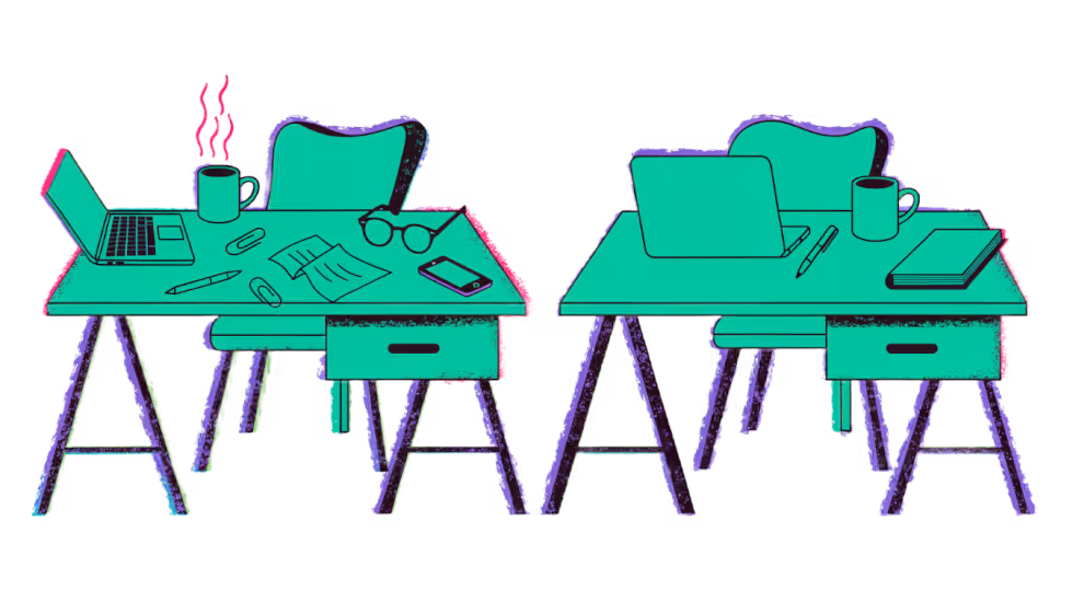 Ilustração de uma mesa bagunçada e uma mesa organizada lado a lado