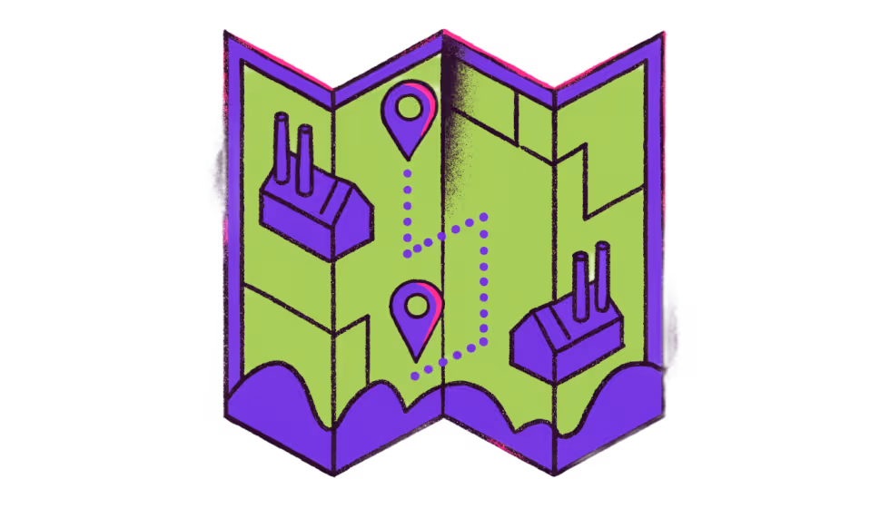 Ilustração de um mapa com alfinetes marcando empresas com perfil de cliente