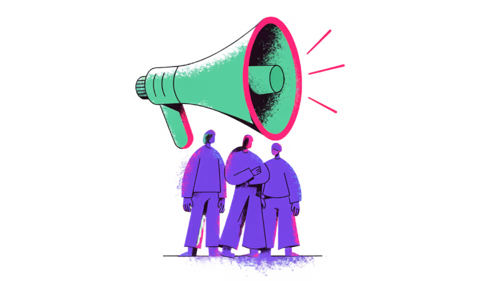 Ilustração de um megafone apontado pra um grupo pequeno de clientes