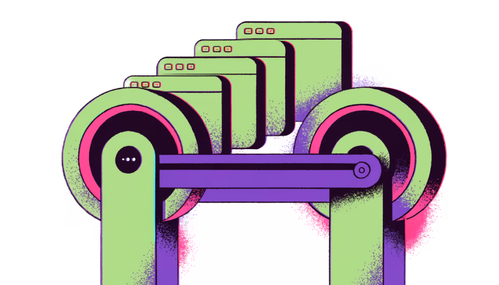Ilustração de uma esteira de produção montando as páginas de um site em série