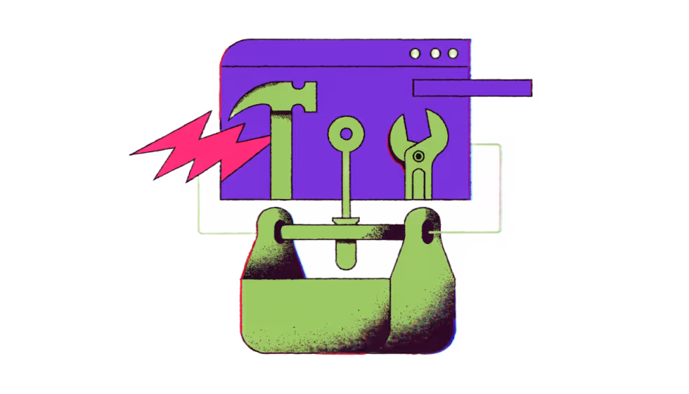 Ilustração de uma caixa de ferramentas montando a janela de um site
