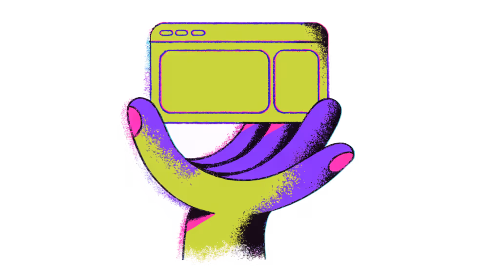 Ilustração de uma mão sustentando a janela de um site, representando suporte contínuo
