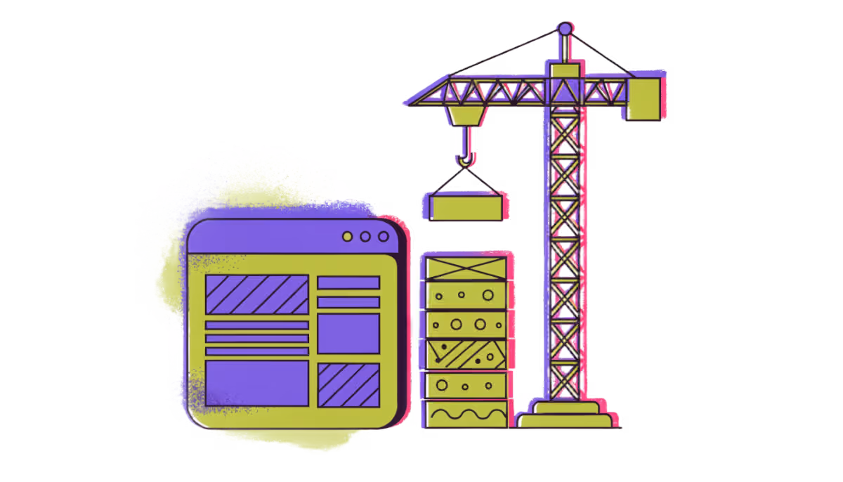 Ilustração de um guindaste montando um site com blocos, representando o tempo de construção