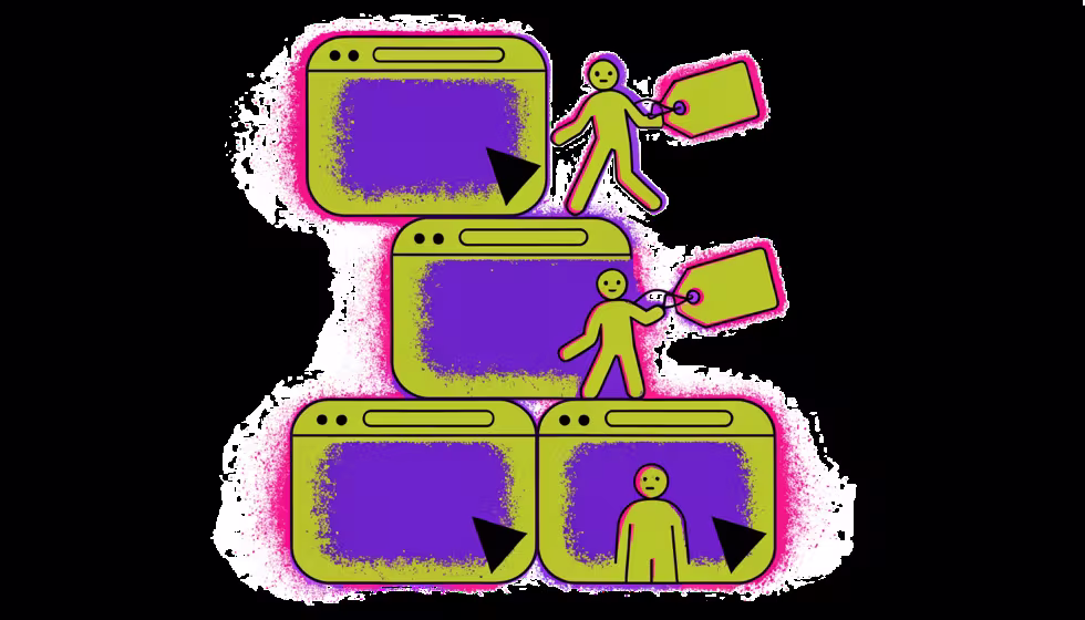 Ilustração de uma etiqueta marcando visitantes que saem de um site e os acompanhando por outras janelas
