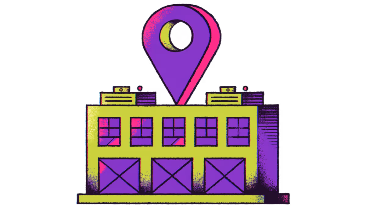 Ilustração de um pino de mapa pousado sobre o card de uma empresa nos resultados locais do Google