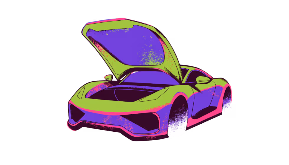 Ilustração de um carro esportivo lustroso com o capô aberto revelando o vão do motor vazio
