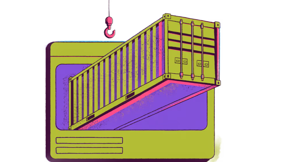 Ilustração de um contêiner de exportação saindo de uma janela de navegador