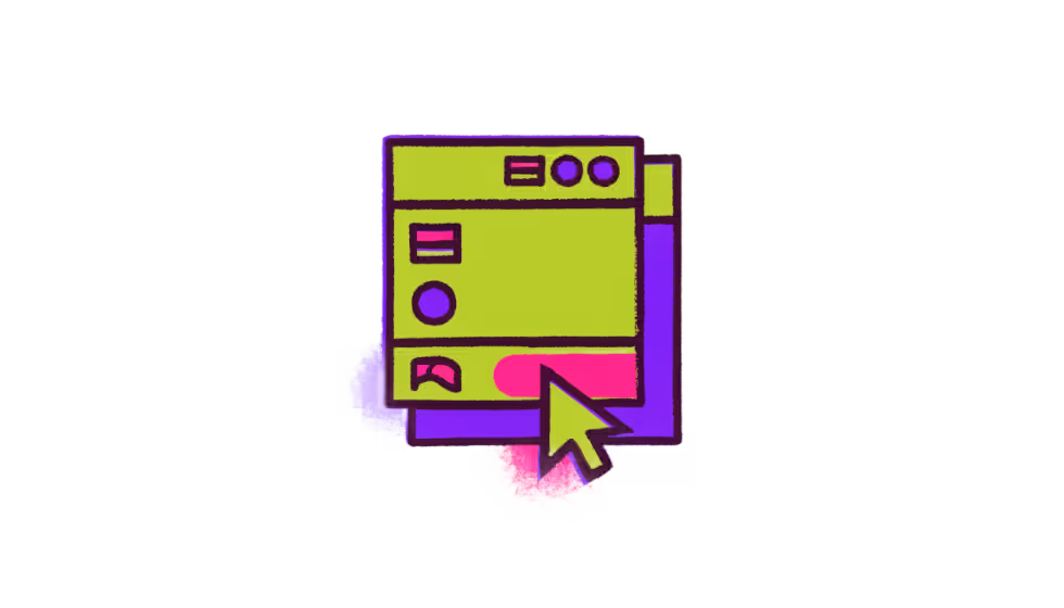 Ilustração de um menu de site com bandeirinhas de idioma e um cursor escolhendo o inglês
