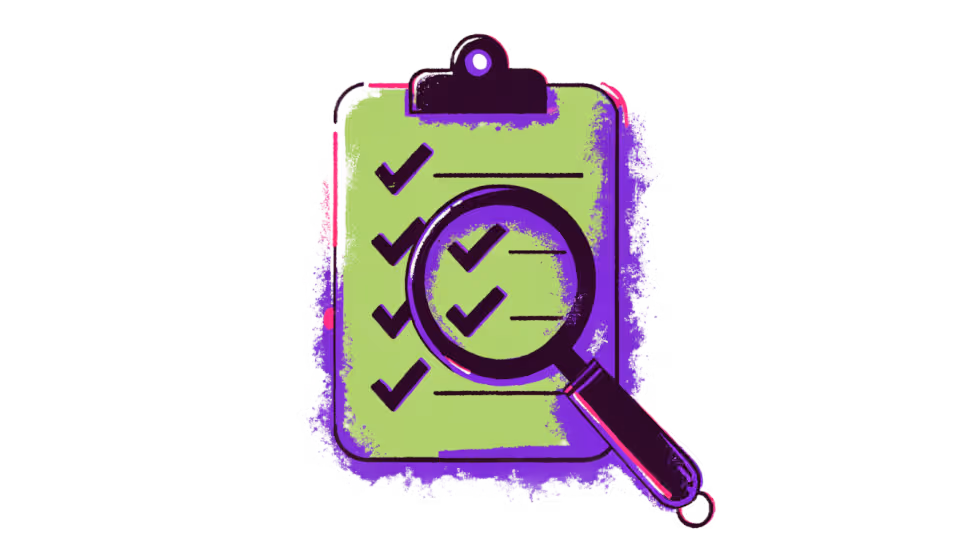 Ilustração de um checklist de diagnóstico com uma lupa examinando itens
