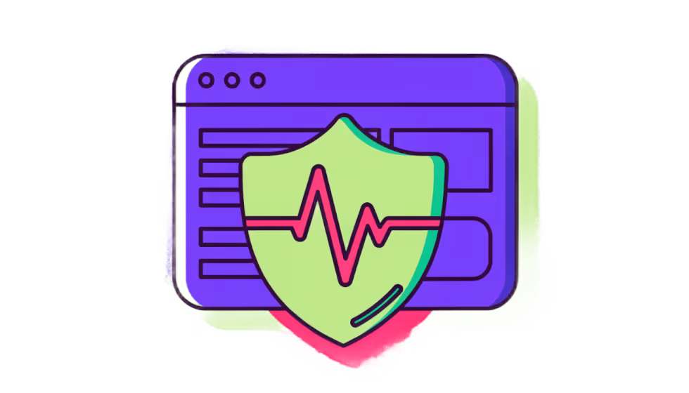 Ilustração de um escudo com monitor de batimentos protegendo uma janela de site