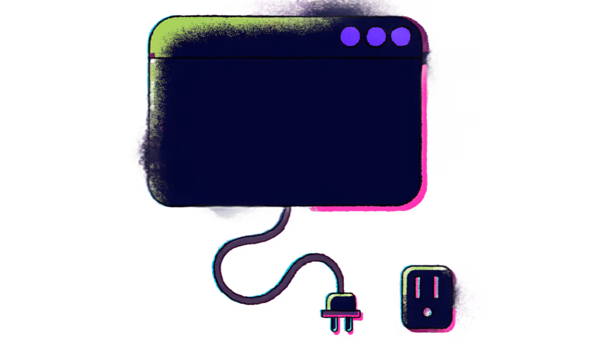 Ilustração de uma janela de site apagada com o plugue da tomada desconectado